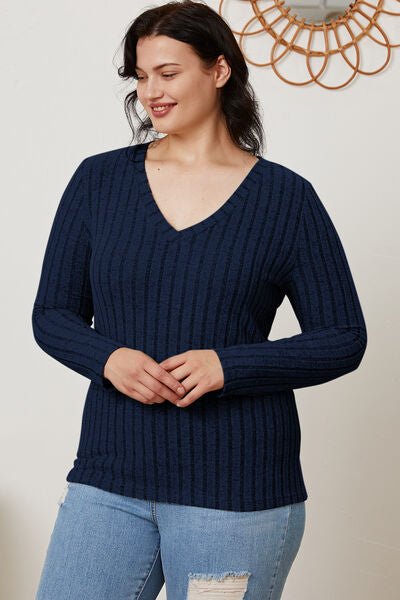 Full Size Ribbed V - Neck Long Sleeve T - Shirt by Basic Bae - Sweater - Peacock Blue - Bella Bourget