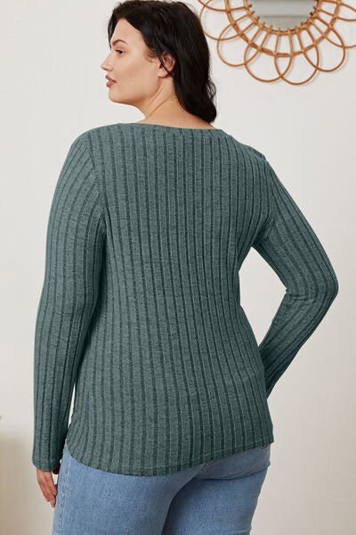 Full Size Ribbed V - Neck Long Sleeve T - Shirt by Basic Bae - Sweater - Teal - Bella Bourget