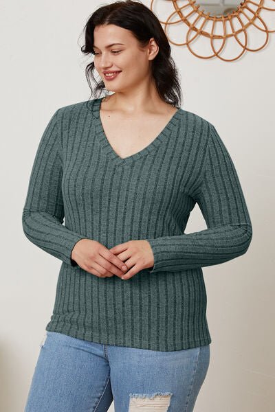 Full Size Ribbed V - Neck Long Sleeve T - Shirt by Basic Bae - Sweater - Teal - Bella Bourget