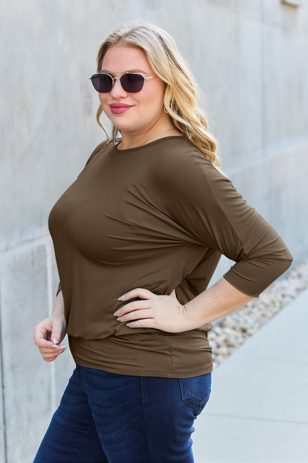 Full Size Round Neck Batwing Sleeve Blouse (Size: S - 3X) - Blouse - Chestnut - Bella Bourget