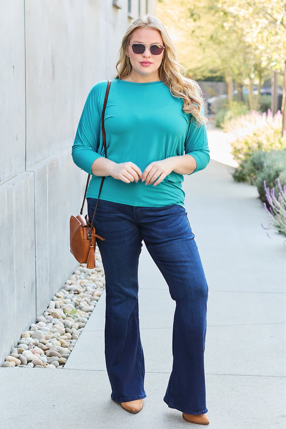 Full Size Round Neck Batwing Sleeve Blouse (Size: S - 3X) - Blouse - Sky Blue - Bella Bourget