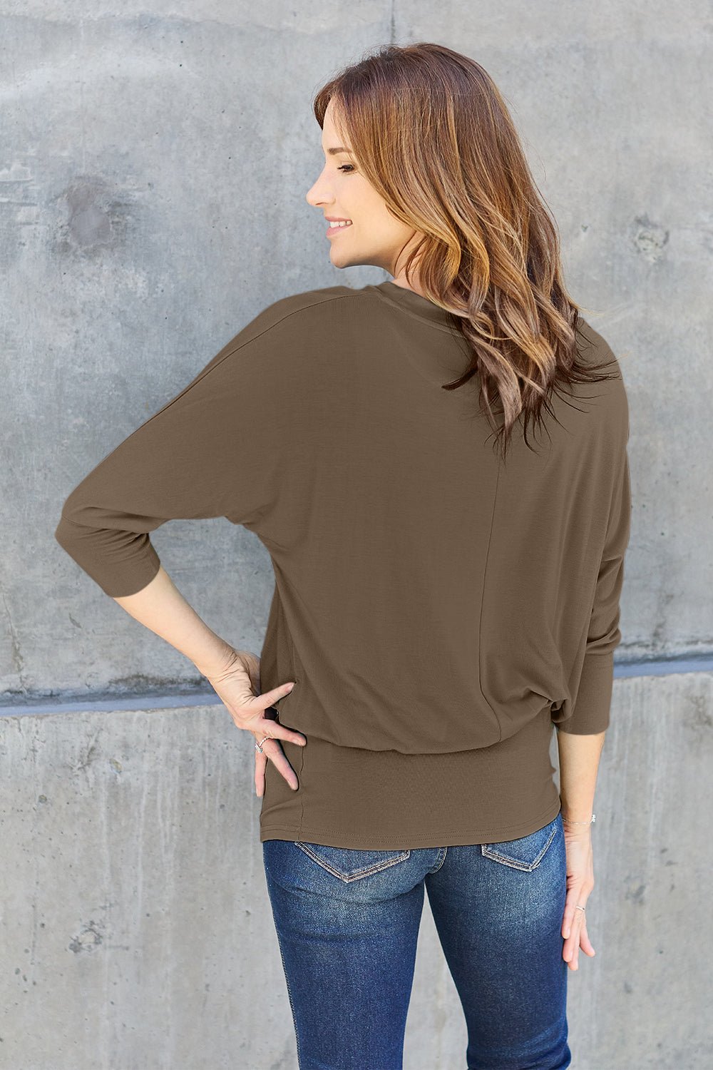 Full Size Round Neck Batwing Sleeve Blouse (Size: S - 3X) - Blouse - Chestnut - Bella Bourget