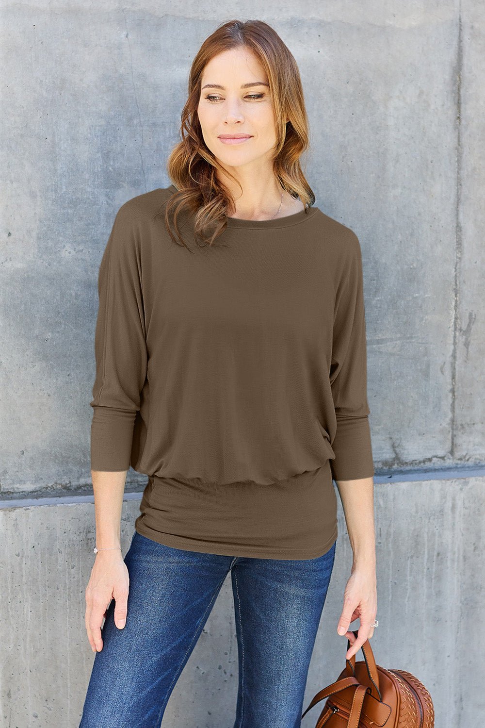 Full Size Round Neck Batwing Sleeve Blouse (Size: S - 3X) - Blouse - Chestnut - Bella Bourget