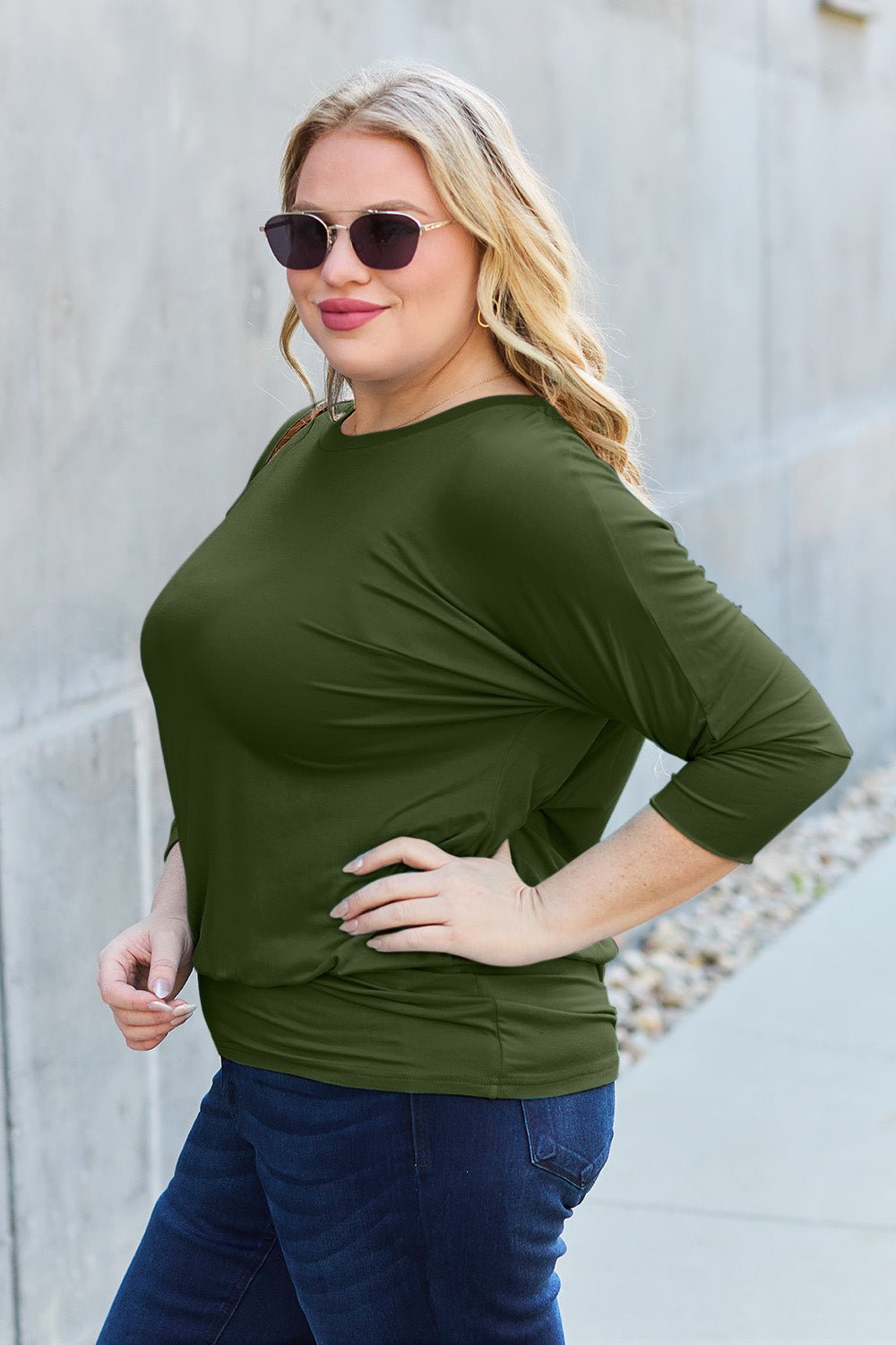 Full Size Round Neck Batwing Sleeve Blouse (Size: S - 3X) - Blouse - Army Green - Bella Bourget