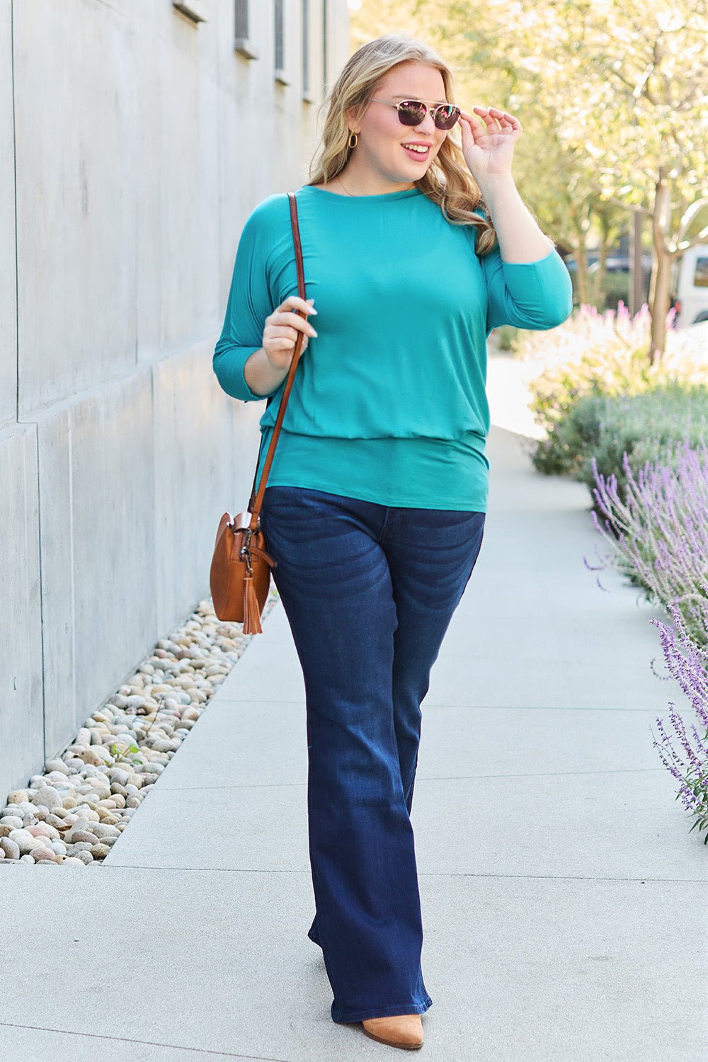 Full Size Round Neck Batwing Sleeve Blouse (Size: S - 3X) - Blouse - Sky Blue - Bella Bourget