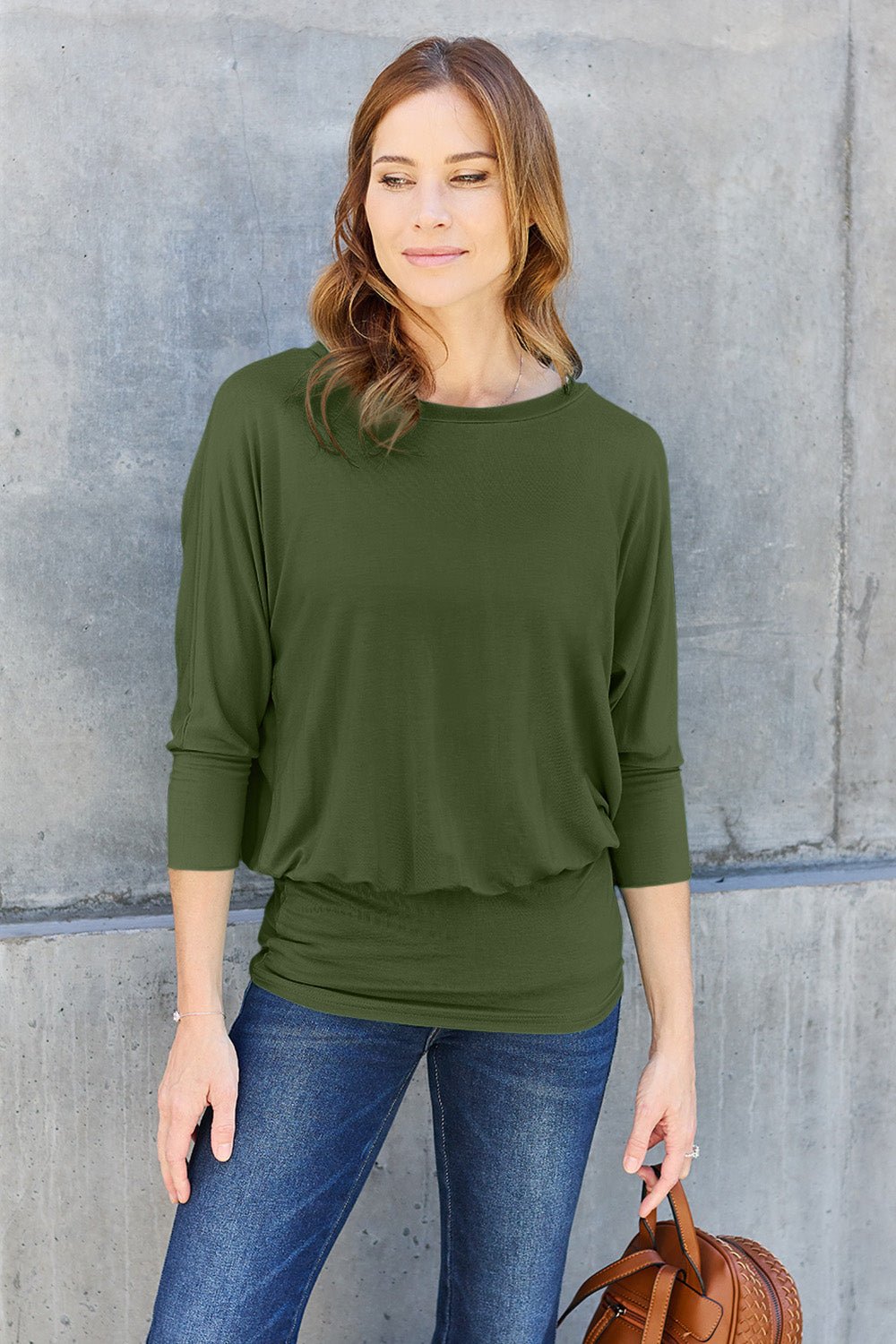 Full Size Round Neck Batwing Sleeve Blouse (Size: S - 3X) - Blouse - Army Green - Bella Bourget