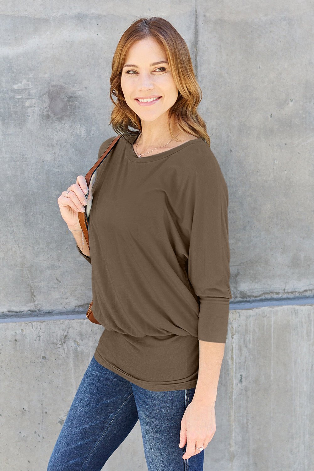 Full Size Round Neck Batwing Sleeve Blouse (Size: S - 3X) - Blouse - Chestnut - Bella Bourget