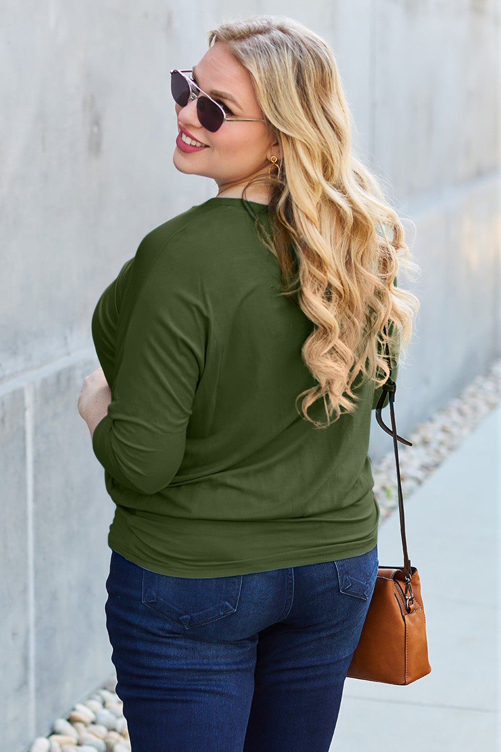 Full Size Round Neck Batwing Sleeve Blouse (Size: S - 3X) - Blouse - Army Green - Bella Bourget