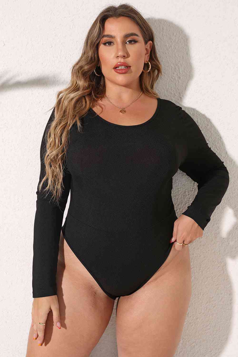 Full Size Round Neck Long Sleeve Bodysuit - Full Size Teddies & Bodysuit - Black - Bella Bourget