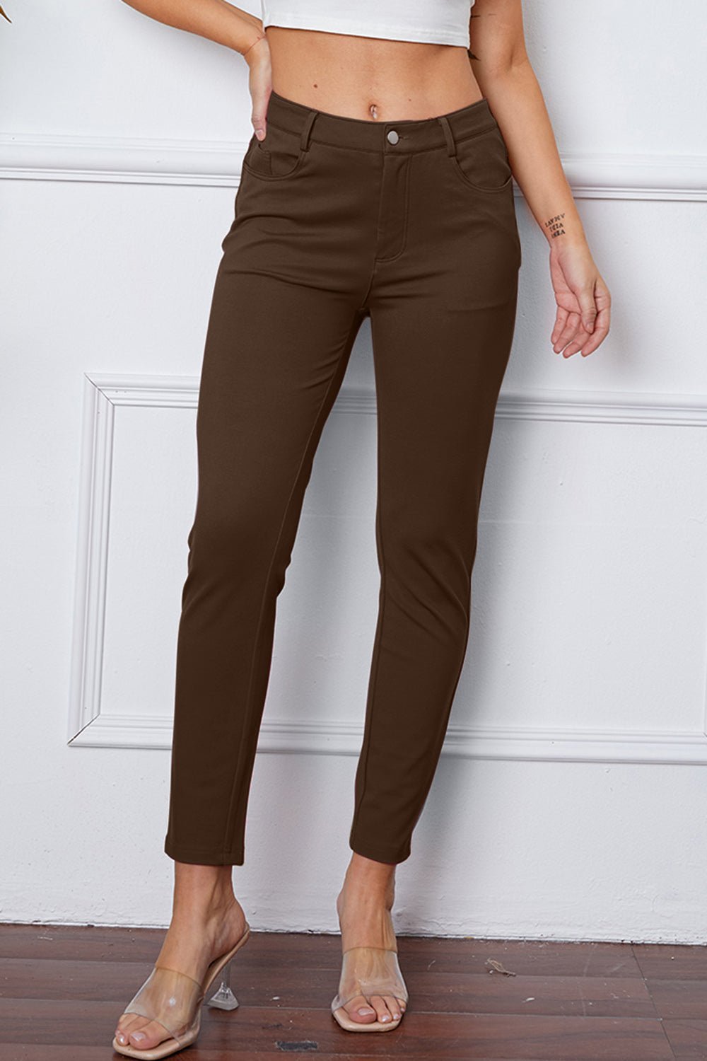 Full Size Slim Fit Pants by Basic Bae - Pants - Coffee Brown - Bella Bourget