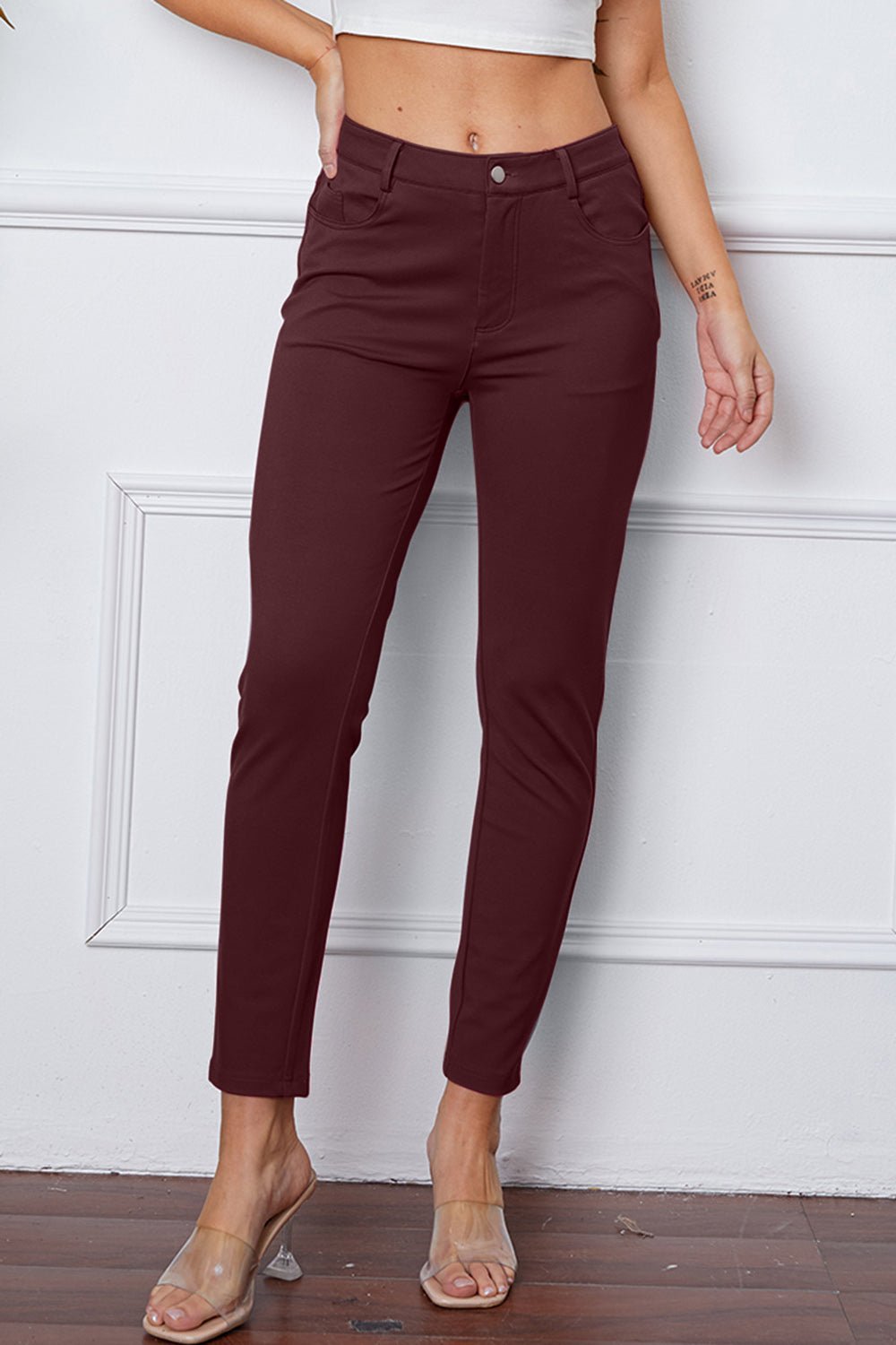 Full Size Slim Fit Pants by Basic Bae - Pants - Wine - Bella Bourget