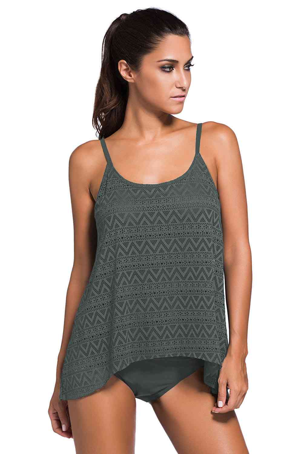 Full Size Spaghetti Strap Scoop Neck Tankini Set - Tankini - Mid Gray - Bella Bourget