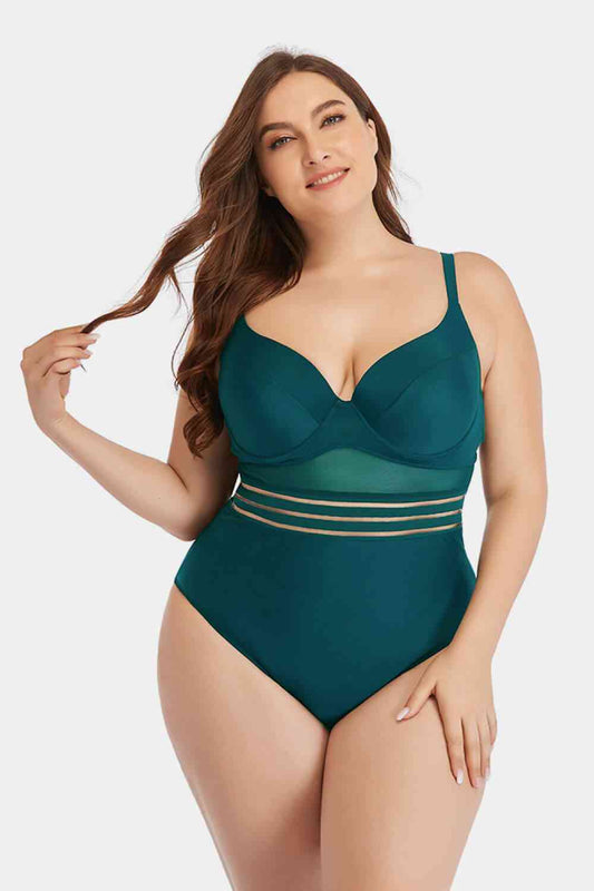Full Size Spliced Mesh Tie - Back One - Piece Swimsuit - Full Size One - Piece Swimsuit - Green - Bella Bourget
