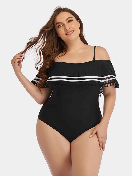 Full Size Striped Cold - Shoulder One - Piece Swimsuit - Full Size One - Piece Swimsuit - Black - Bella Bourget