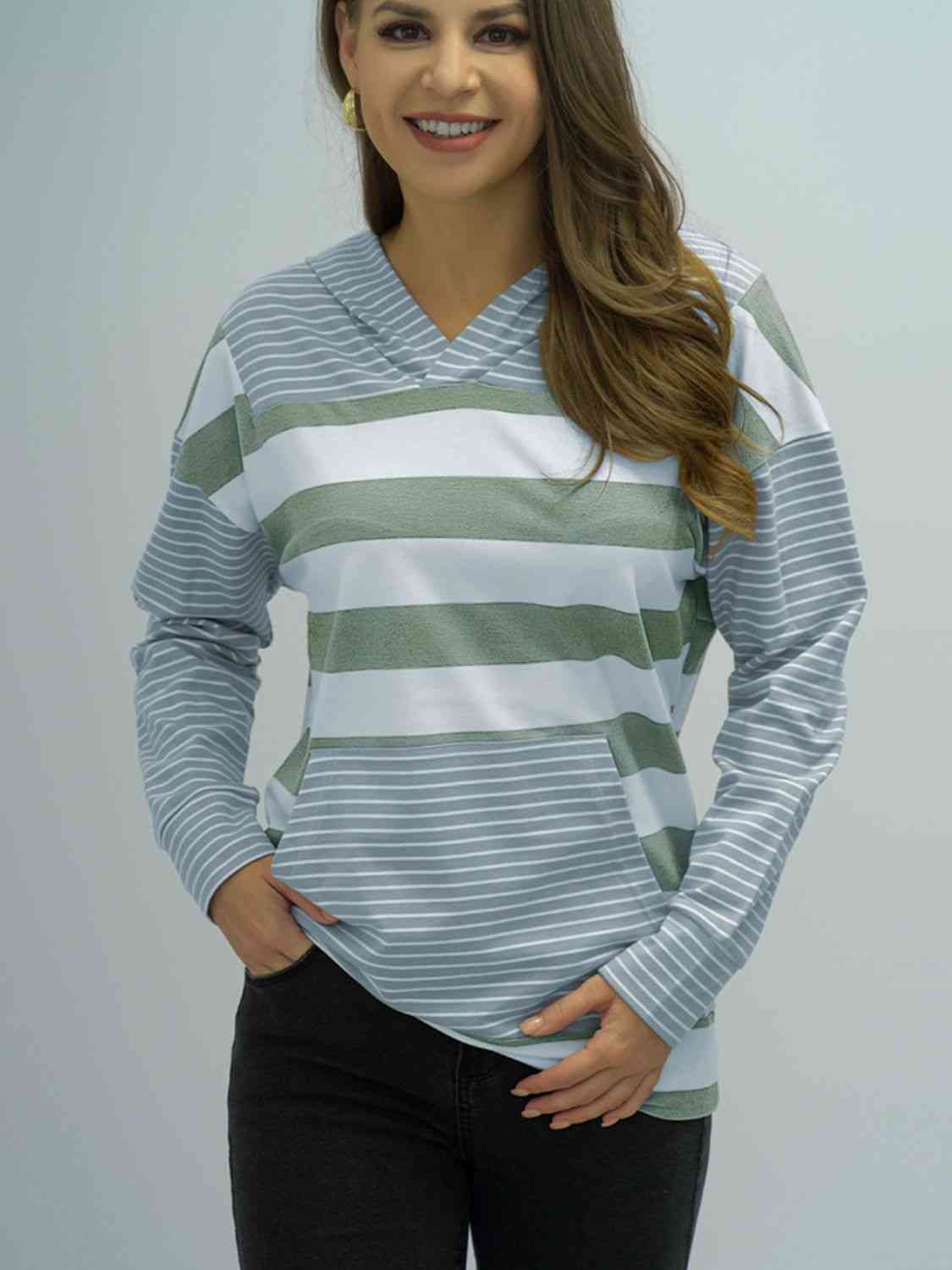 Full Size Striped Long Sleeve Hoodie - T - Shirt Hoodie - Cloudy Blue - Bella Bourget