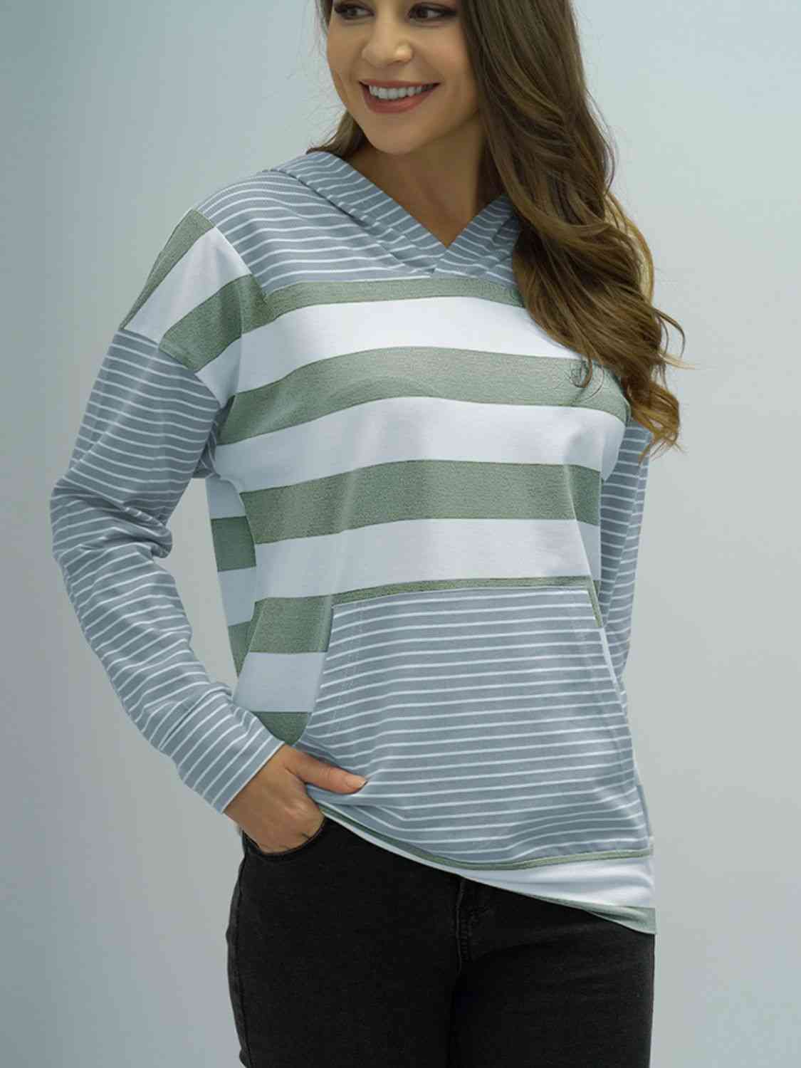 Full Size Striped Long Sleeve Hoodie - T - Shirt Hoodie - Cloudy Blue - Bella Bourget