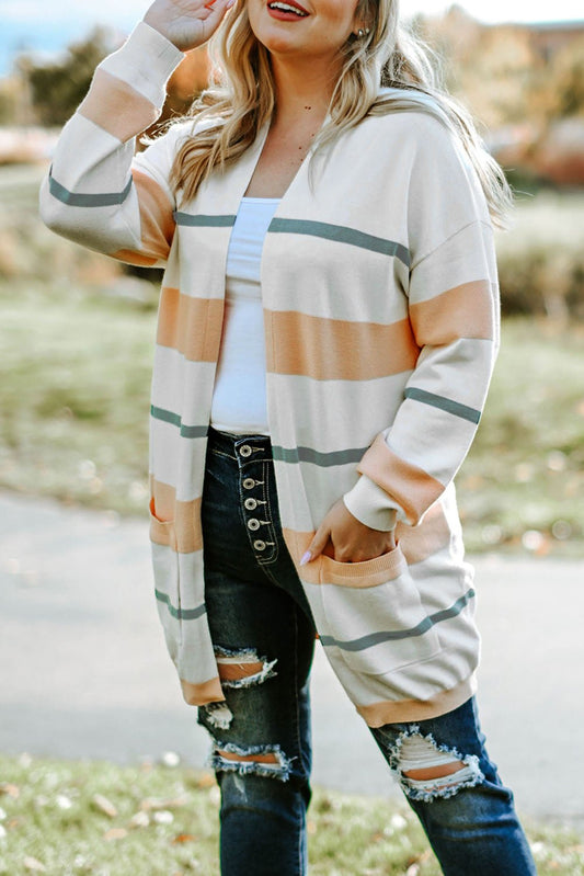 Full Size Striped Open Front Cardigan - Cardigan - Beige - Bella Bourget