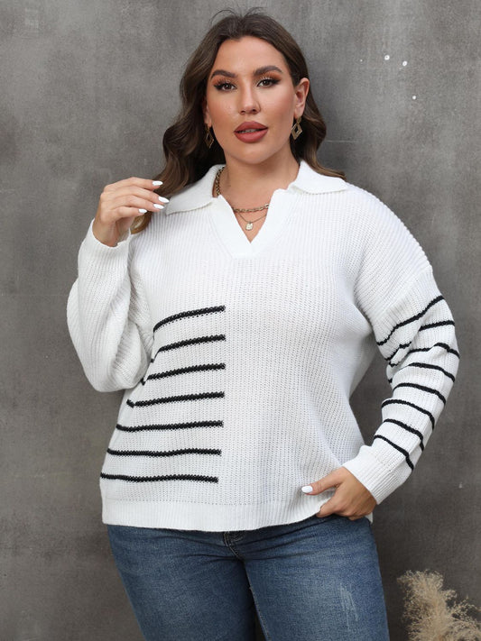 Full Size Striped V - Neck Sweater - Full Size Knit Top - White - Bella Bourget