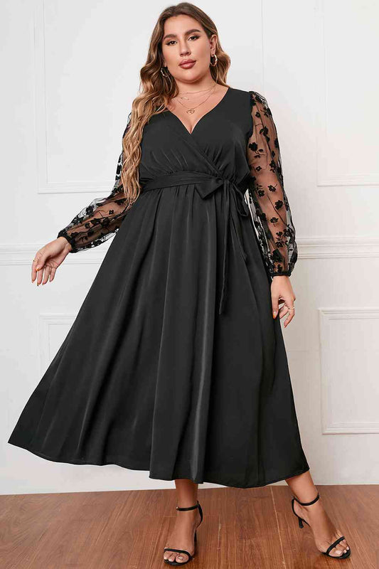 Full Size Surplice Neck Tied Black Dress - Evening Dress - Black - Bella Bourget