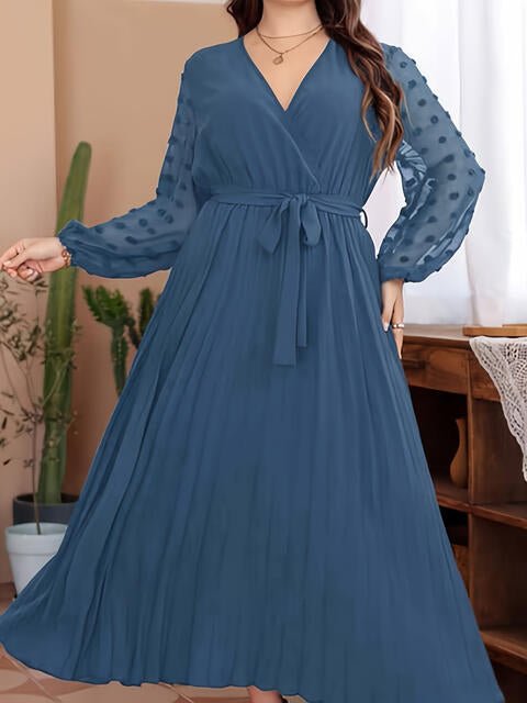 Full Size Swiss Dot Tie Waist Maxi Dress - Evening Dress - Peacock Blue - Bella Bourget