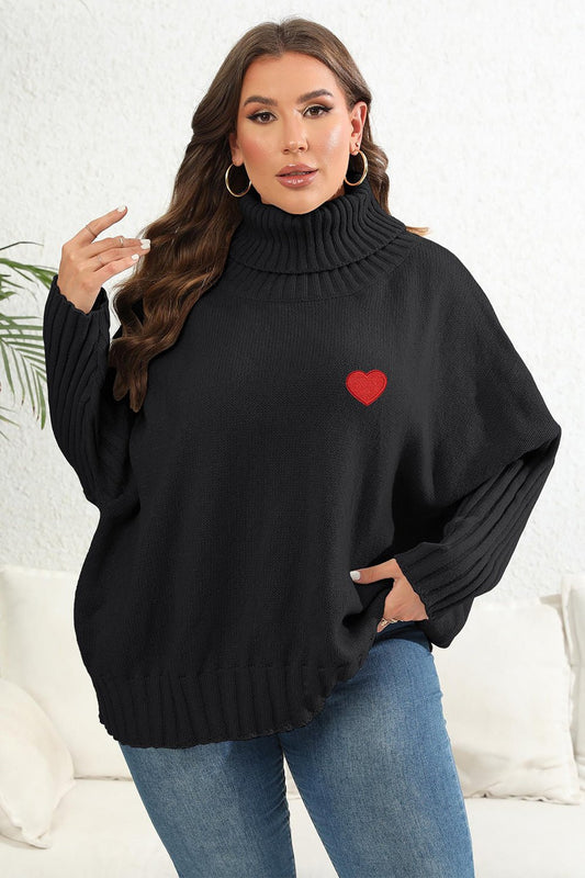 Full Size Turtle Neck Sweater with heart detail - Full Size Knit Top - Black - Bella Bourget