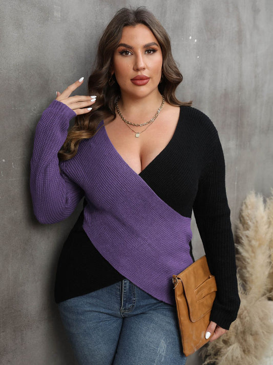 Full Size Two - Tone Sweater - Full Size Knit Top - Violet - Bella Bourget