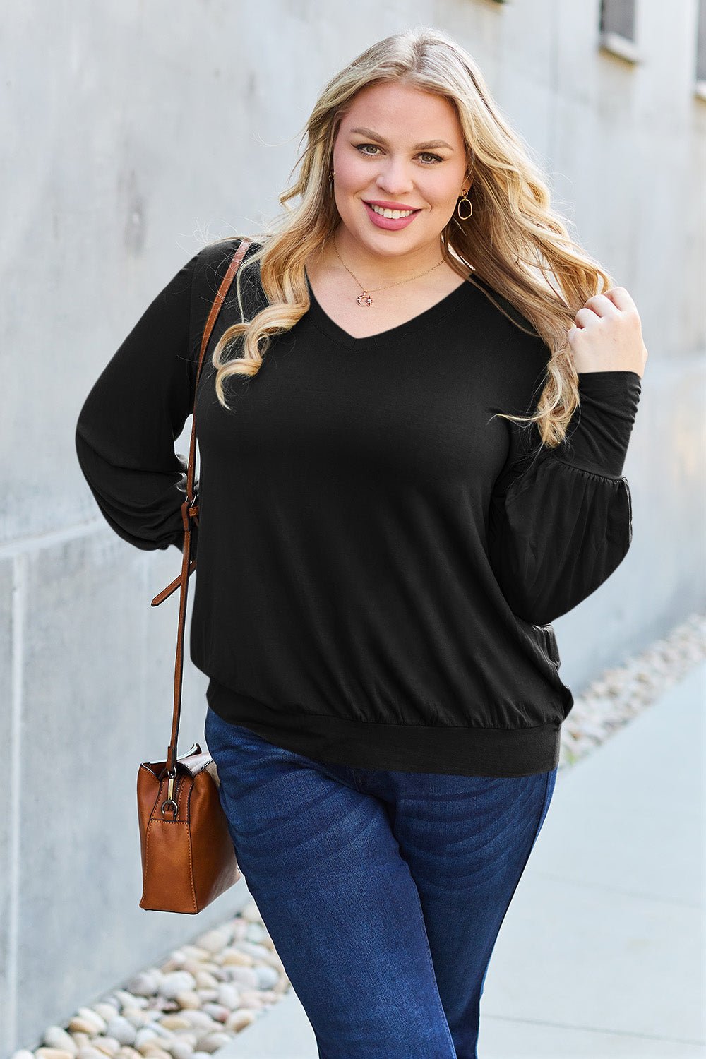 Full Size V - Neck Lantern Sleeve Blouse - Blouse - Black - Bella Bourget