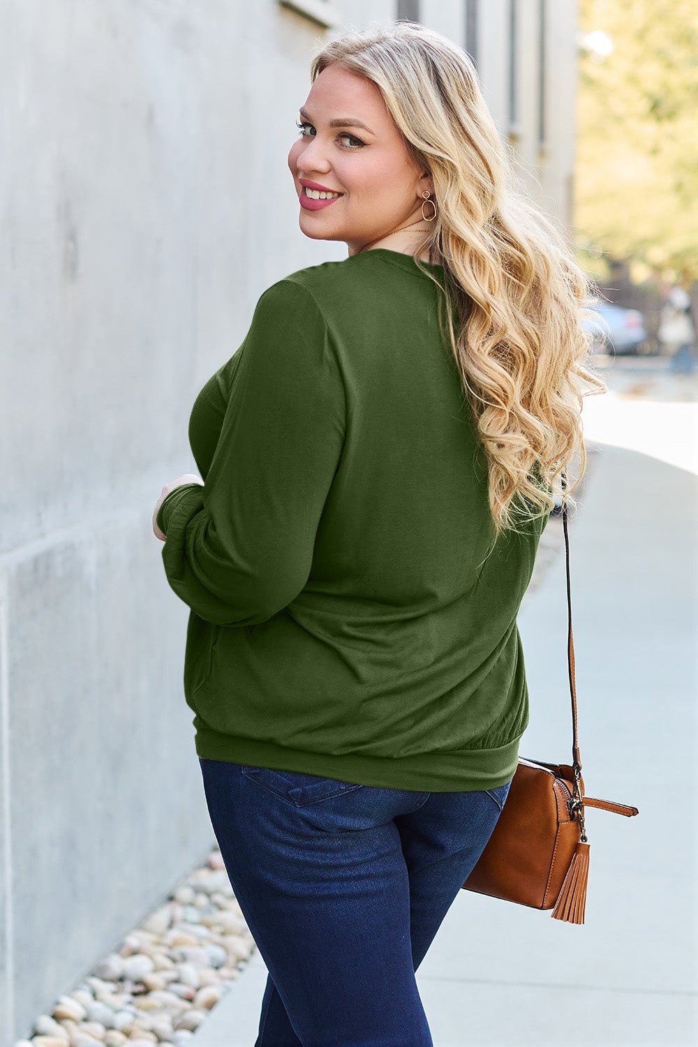 Full Size V - Neck Lantern Sleeve Blouse - Blouse - Army Green - Bella Bourget