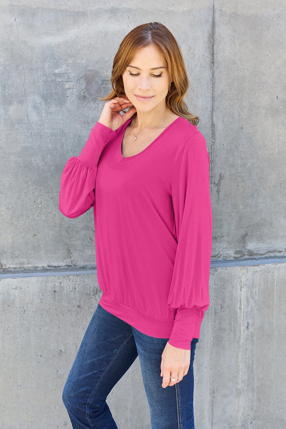 Full Size V - Neck Lantern Sleeve Blouse - Blouse - Hot Pink - Bella Bourget