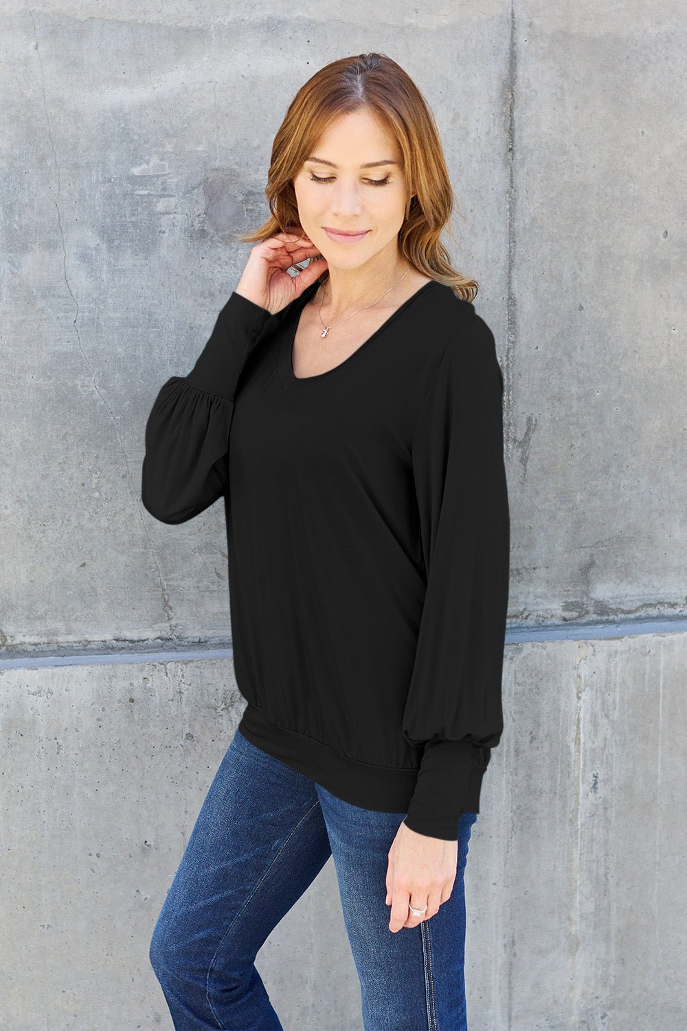 Full Size V - Neck Lantern Sleeve Blouse - Blouse - Black - Bella Bourget