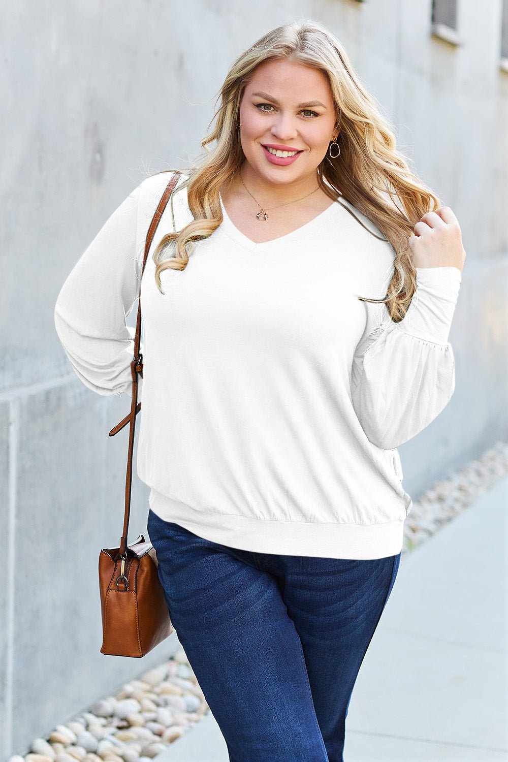 Full Size V - Neck Lantern Sleeve Blouse - Blouse - White - Bella Bourget