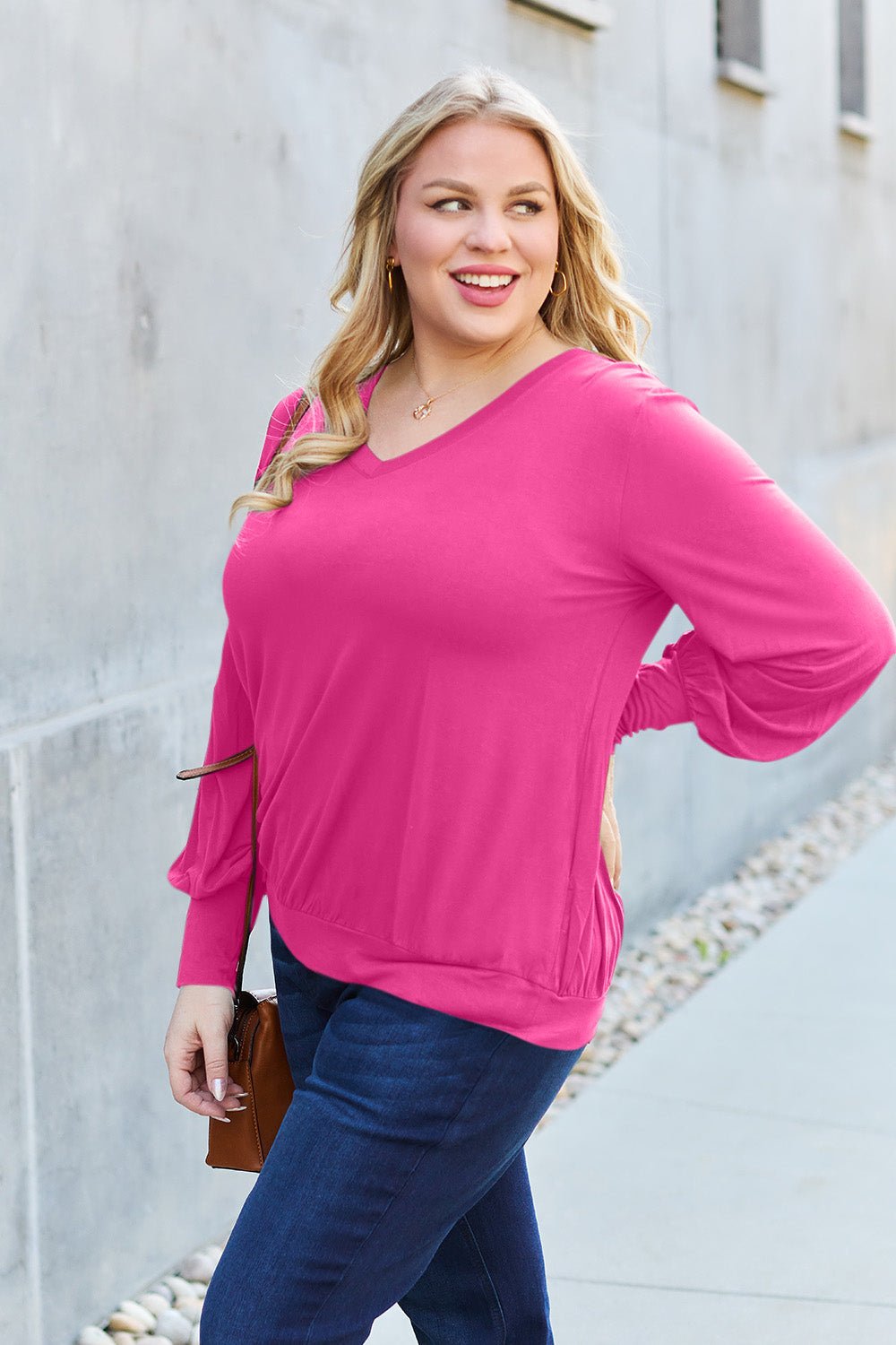 Full Size V - Neck Lantern Sleeve Blouse - Blouse - Hot Pink - Bella Bourget