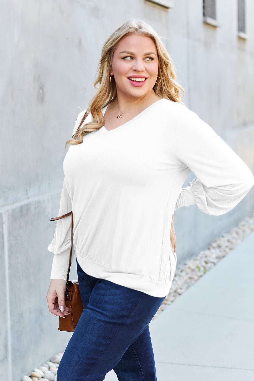 Full Size V - Neck Lantern Sleeve Blouse - Blouse - White - Bella Bourget