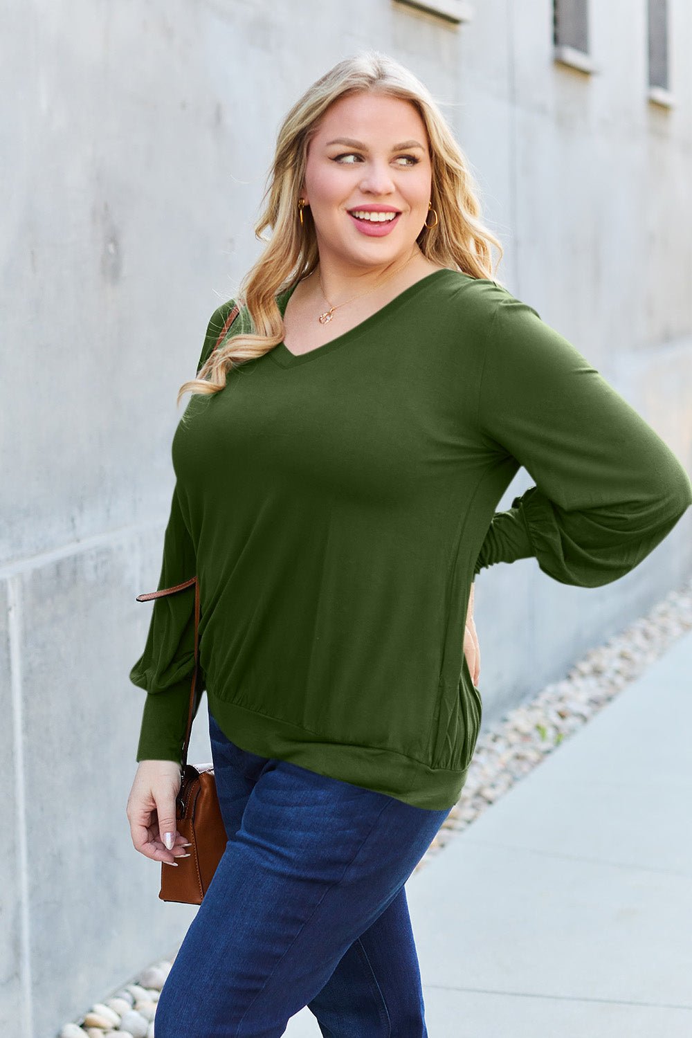 Full Size V - Neck Lantern Sleeve Blouse - Blouse - Army Green - Bella Bourget