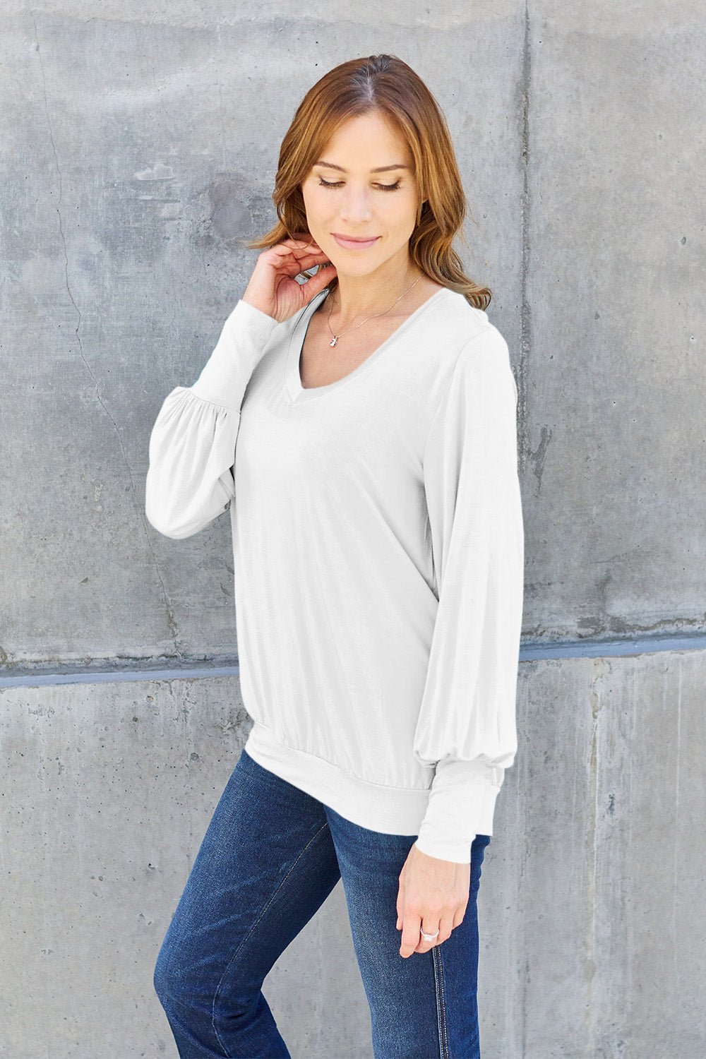 Full Size V - Neck Lantern Sleeve Blouse - Blouse - White - Bella Bourget