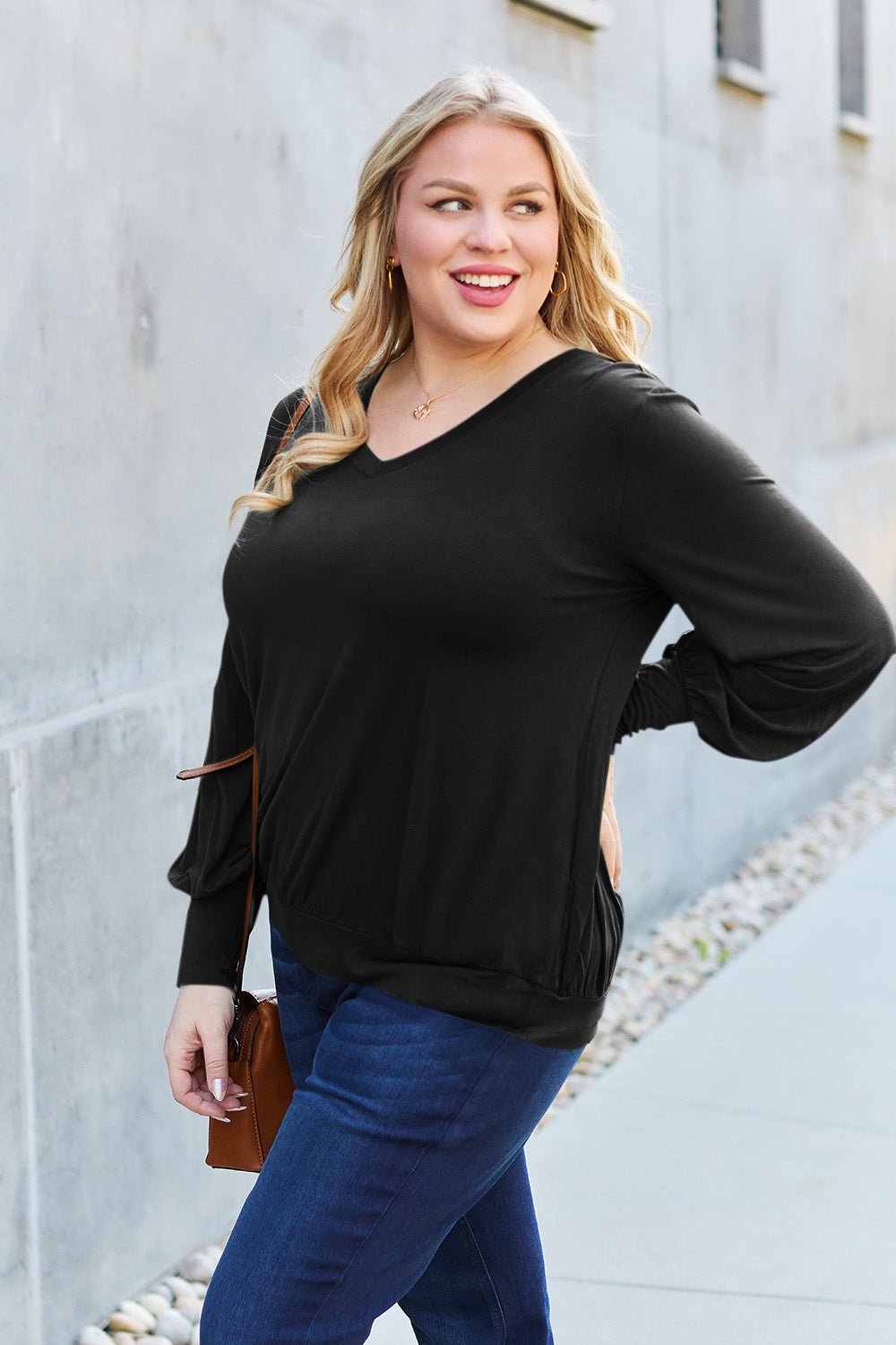 Full Size V - Neck Lantern Sleeve Blouse - Blouse - Black - Bella Bourget