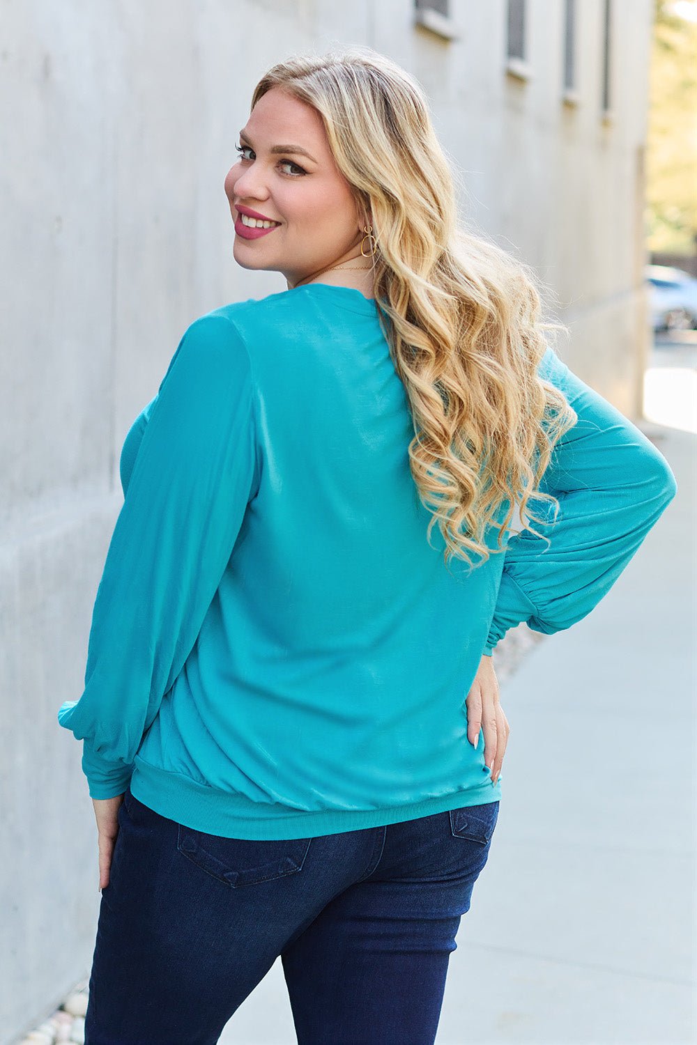 Full Size V - Neck Lantern Sleeve Blouse - Blouse - Sky Blue - Bella Bourget