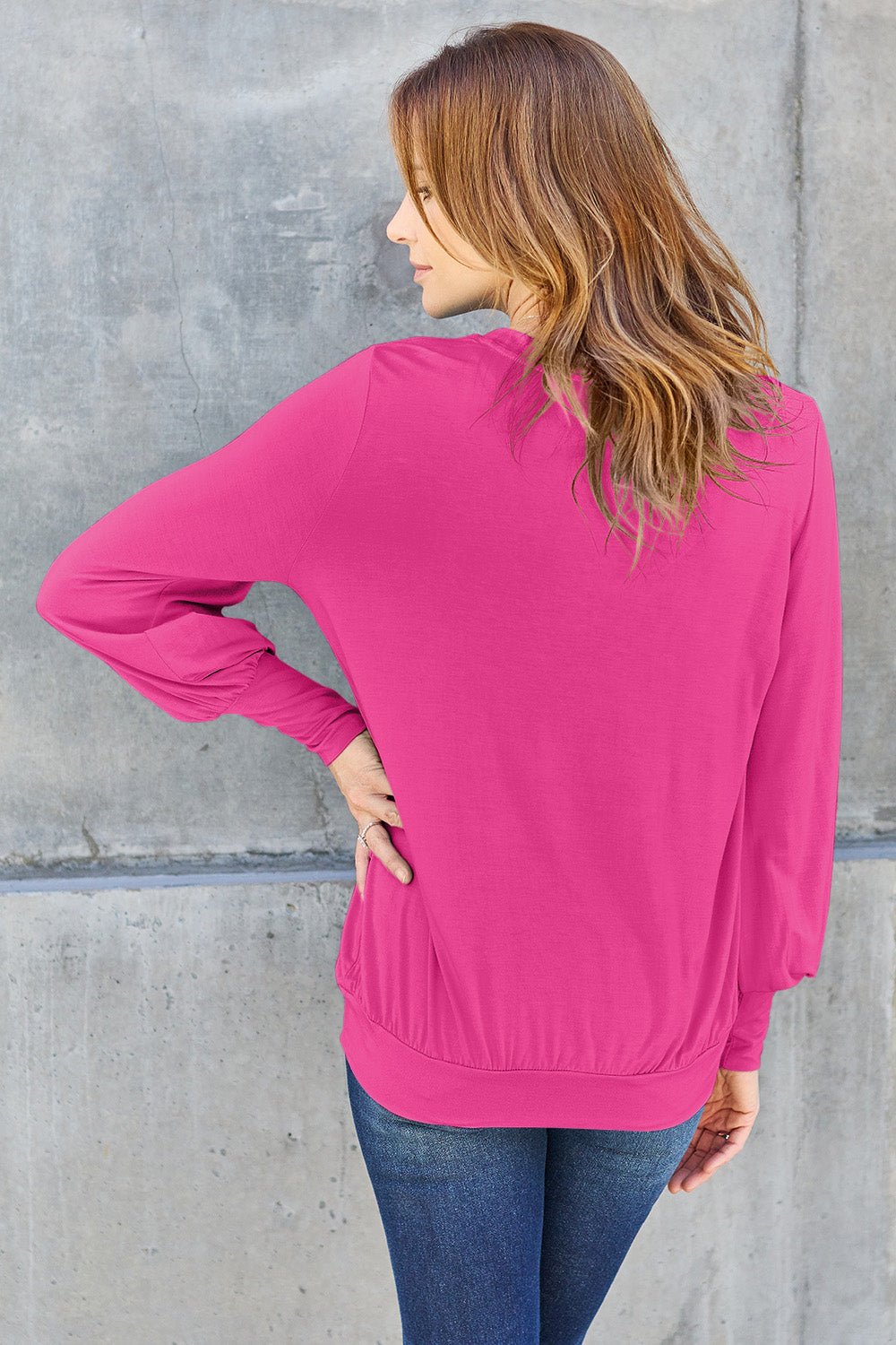 Full Size V - Neck Lantern Sleeve Blouse - Blouse - Hot Pink - Bella Bourget