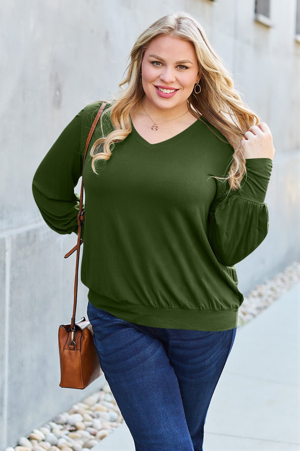 Full Size V - Neck Lantern Sleeve Blouse - Blouse - Army Green - Bella Bourget