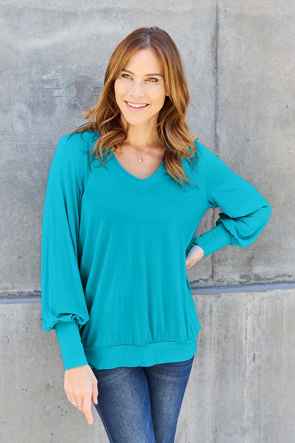 Full Size V - Neck Lantern Sleeve Blouse - Blouse - Sky Blue - Bella Bourget