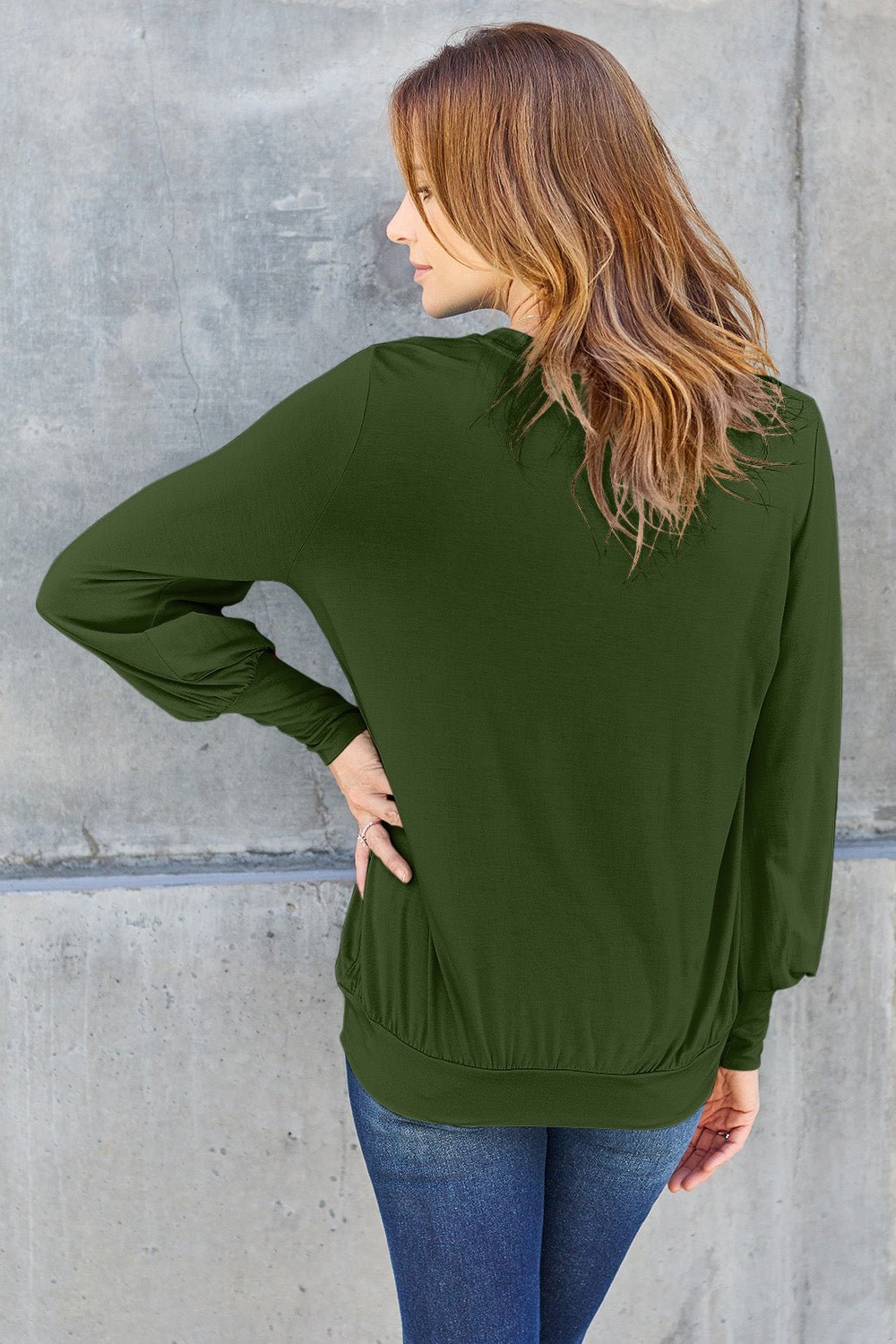 Full Size V - Neck Lantern Sleeve Blouse - Blouse - Army Green - Bella Bourget