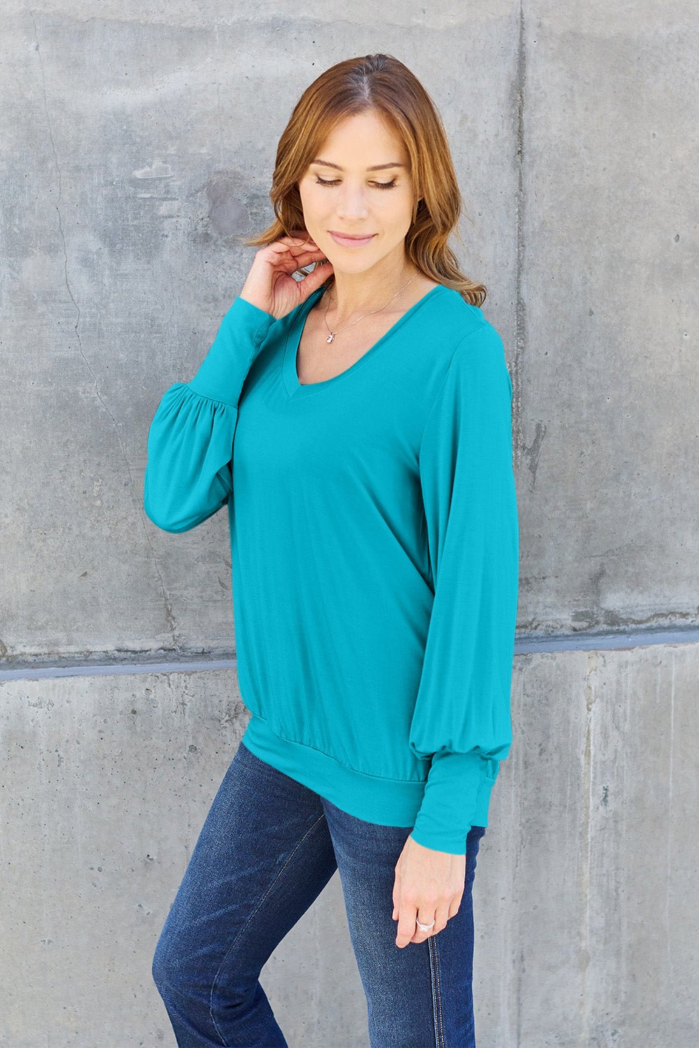 Full Size V - Neck Lantern Sleeve Blouse - Blouse - Sky Blue - Bella Bourget