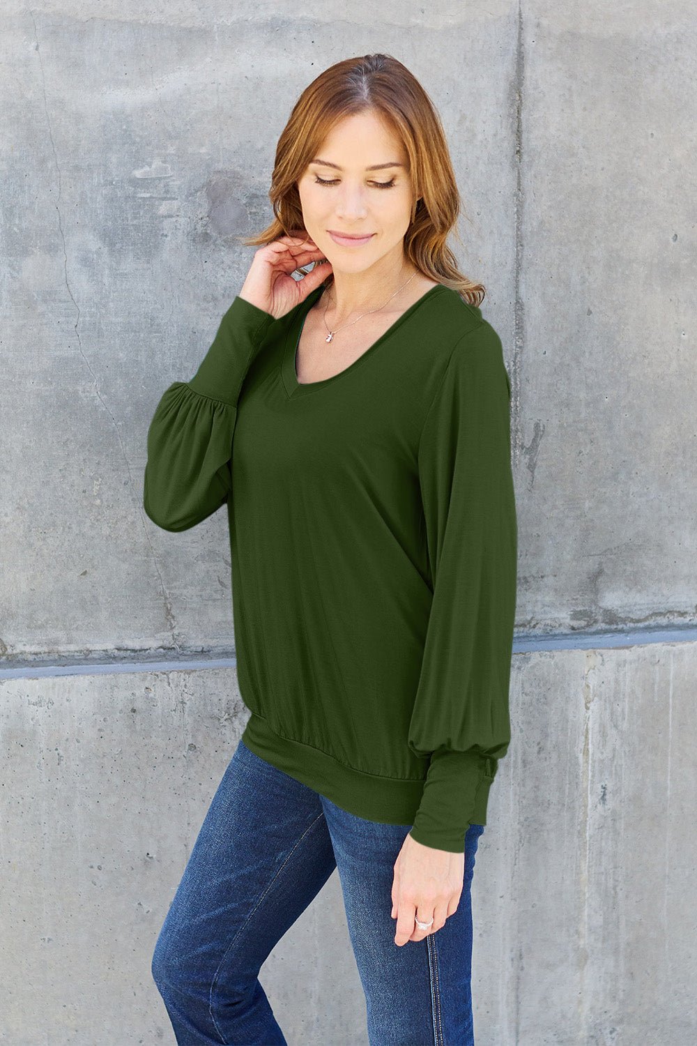 Full Size V - Neck Lantern Sleeve Blouse - Blouse - Army Green - Bella Bourget