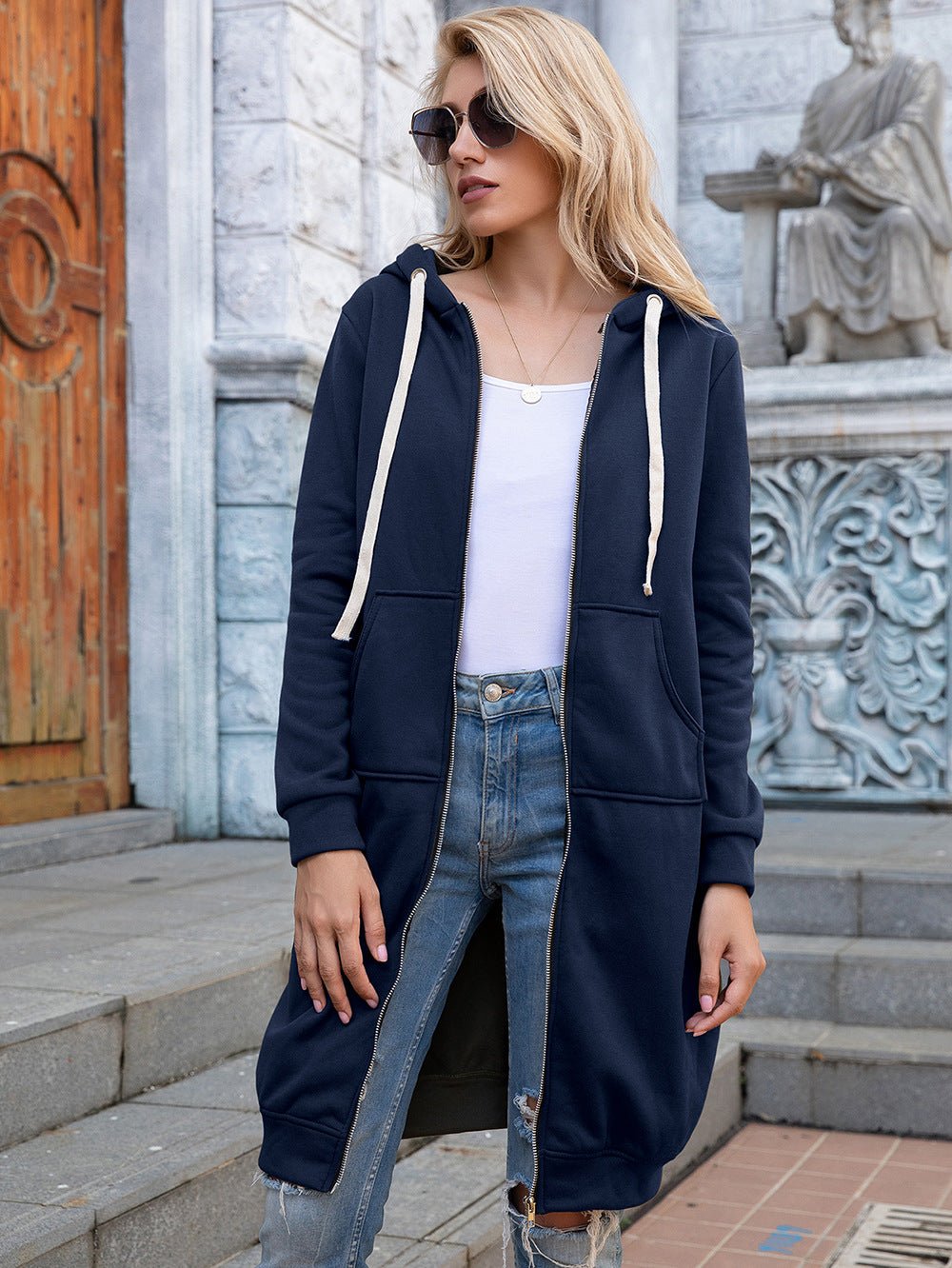 Full Size Zip - Up Longline Hoodie with Pockets - Full Size Hoodie - Navy - Bella Bourget