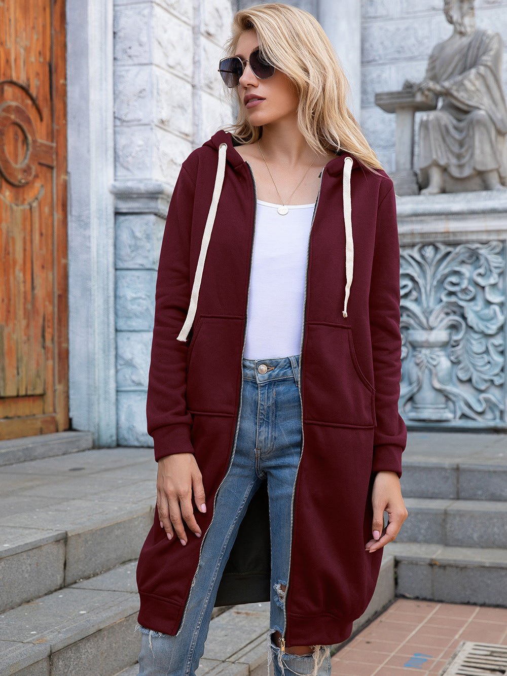 Full Size Zip - Up Longline Hoodie with Pockets - Full Size Hoodie - Wine - Bella Bourget