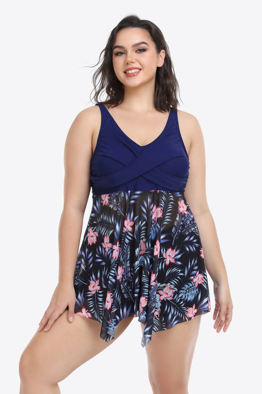 FUllll Size Two - PiecesSize Floral Two - Tone Asymmetrical Hem Two - Piece Swimsuit - Full Size Swim Set - Navy - Bella Bourget