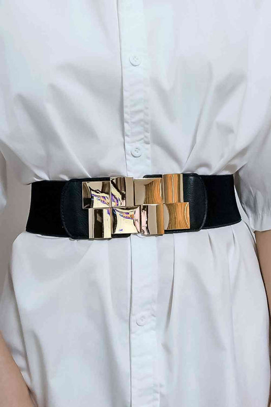 Geometric Buckle Elastic Wide Belt - belt - Black - Bella Bourget