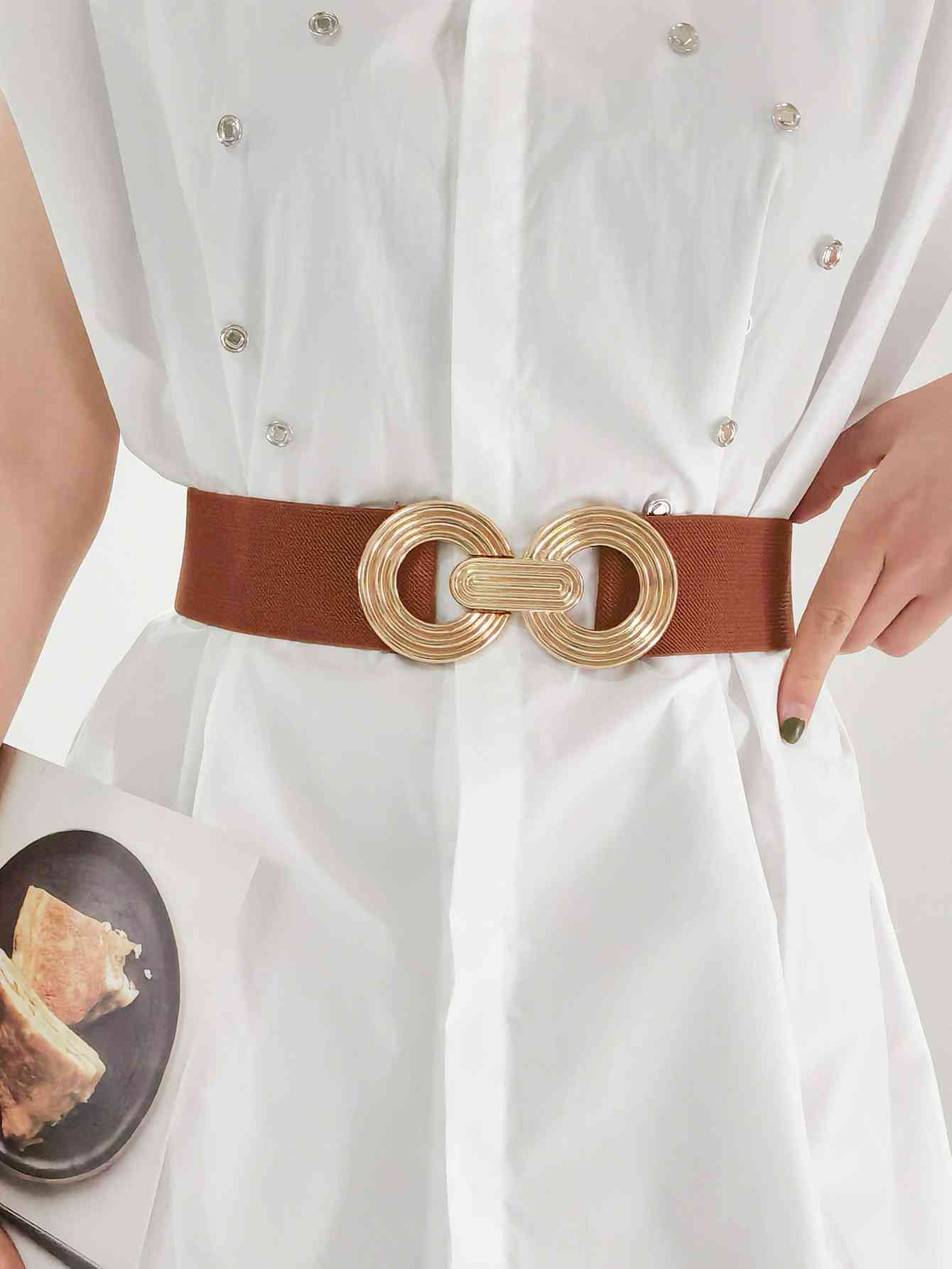 Geometric Buckle Elastic Wide Belt - belt - Caramel - Bella Bourget