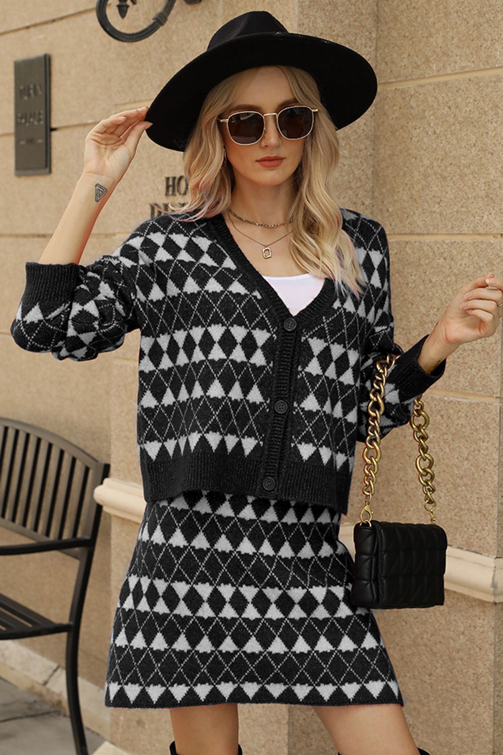 Geometric Dropped Shoulder Cardigan and Knit Skirt Set - Sweater Set - Black - Bella Bourget