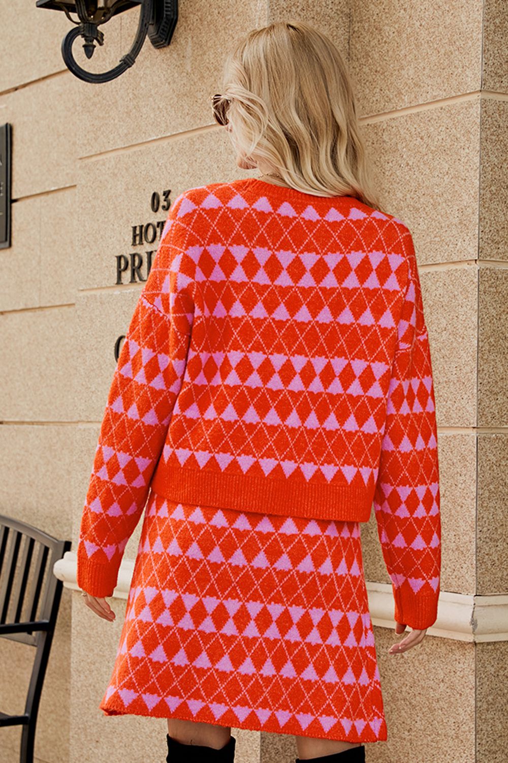 Geometric Dropped Shoulder Cardigan and Knit Skirt Set - Sweater Set - Orange - Bella Bourget